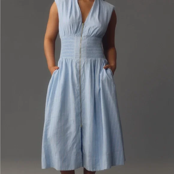 The Tommie Cap-Sleeve Smocked Front Zip Shirt Dress: Linen Addition - Picture 3 of 7